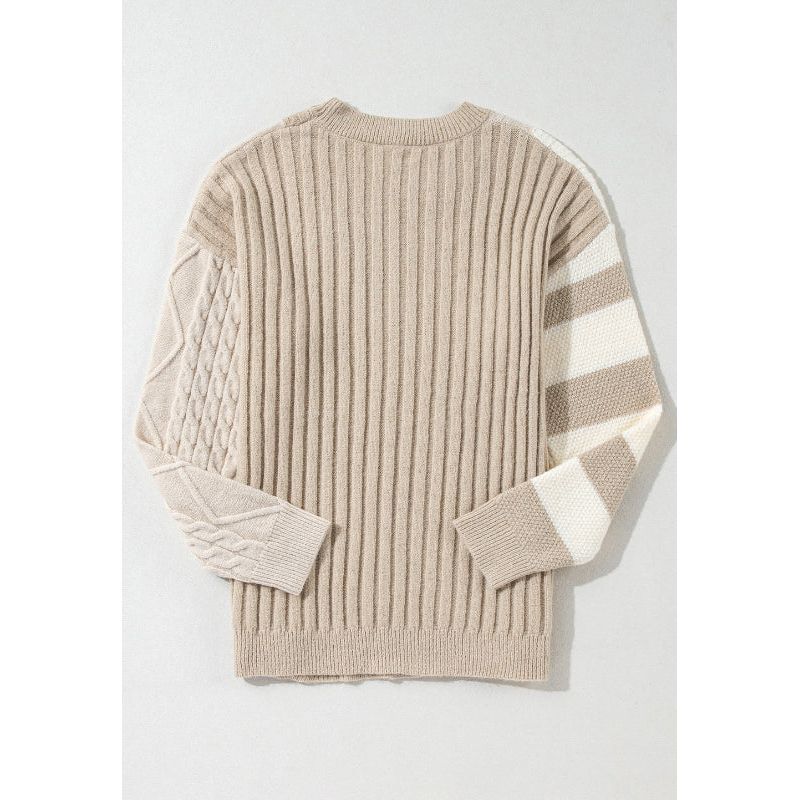 Cable-Knit Color Block Round Neck Sweater