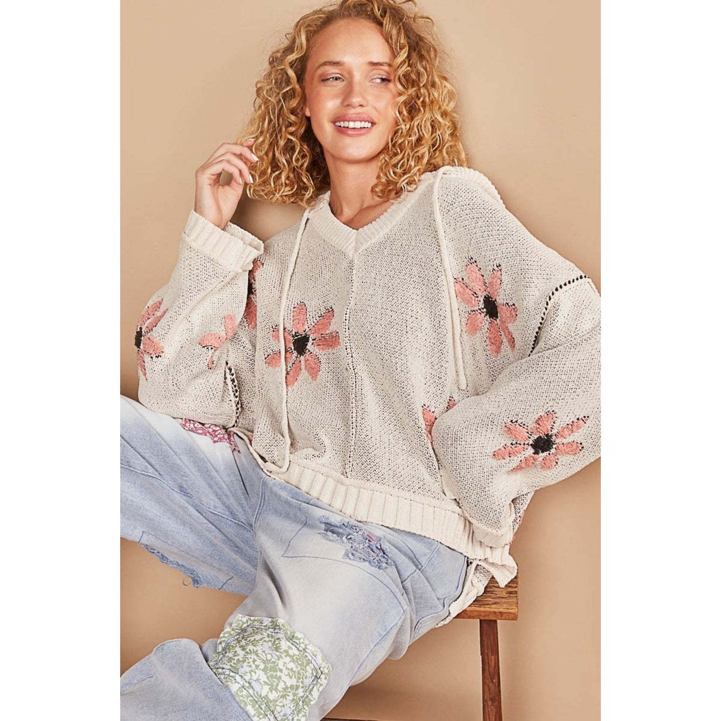 POL Floral Pattern Hooded High-Low Sweater