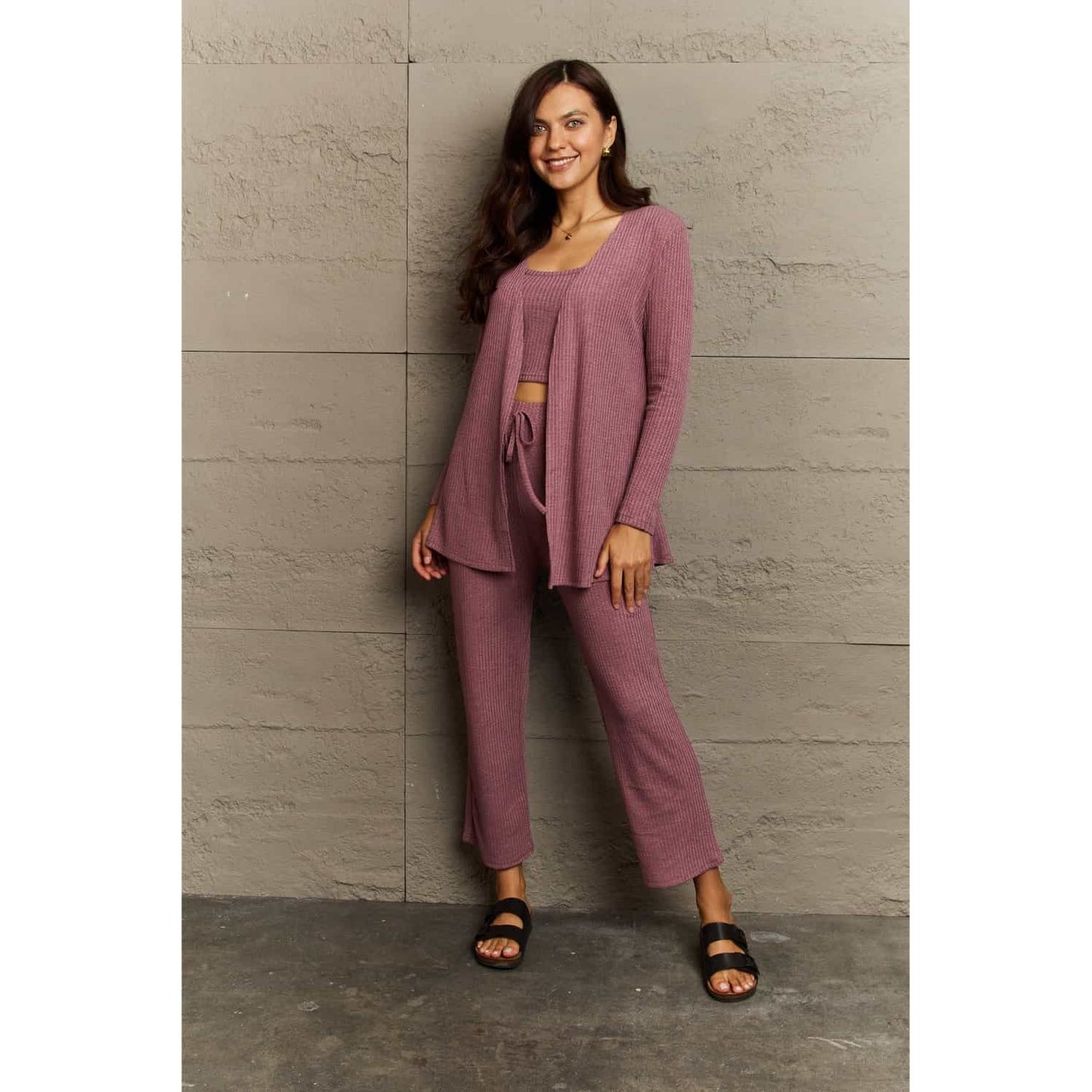 Ninexis Full Size Cropped Top, Long Pants and Cardigan Lounge Set