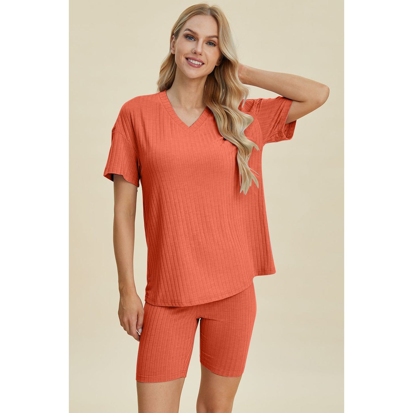 Basic Bae Full Size Ribbed V-Neck Short Sleeve Top and Shorts Set