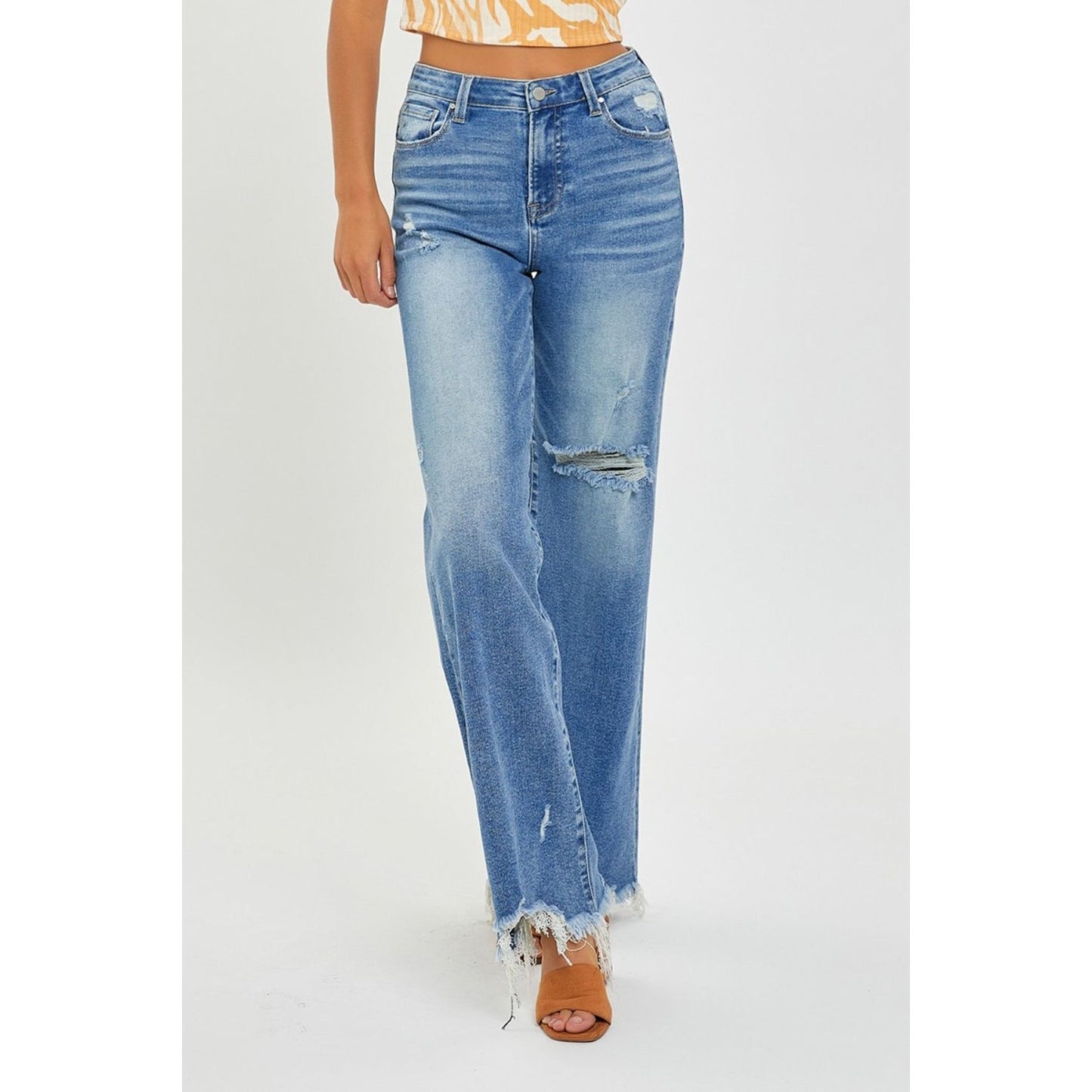 RISEN Full Size High Rise Frayed Hem Wide Leg Jeans