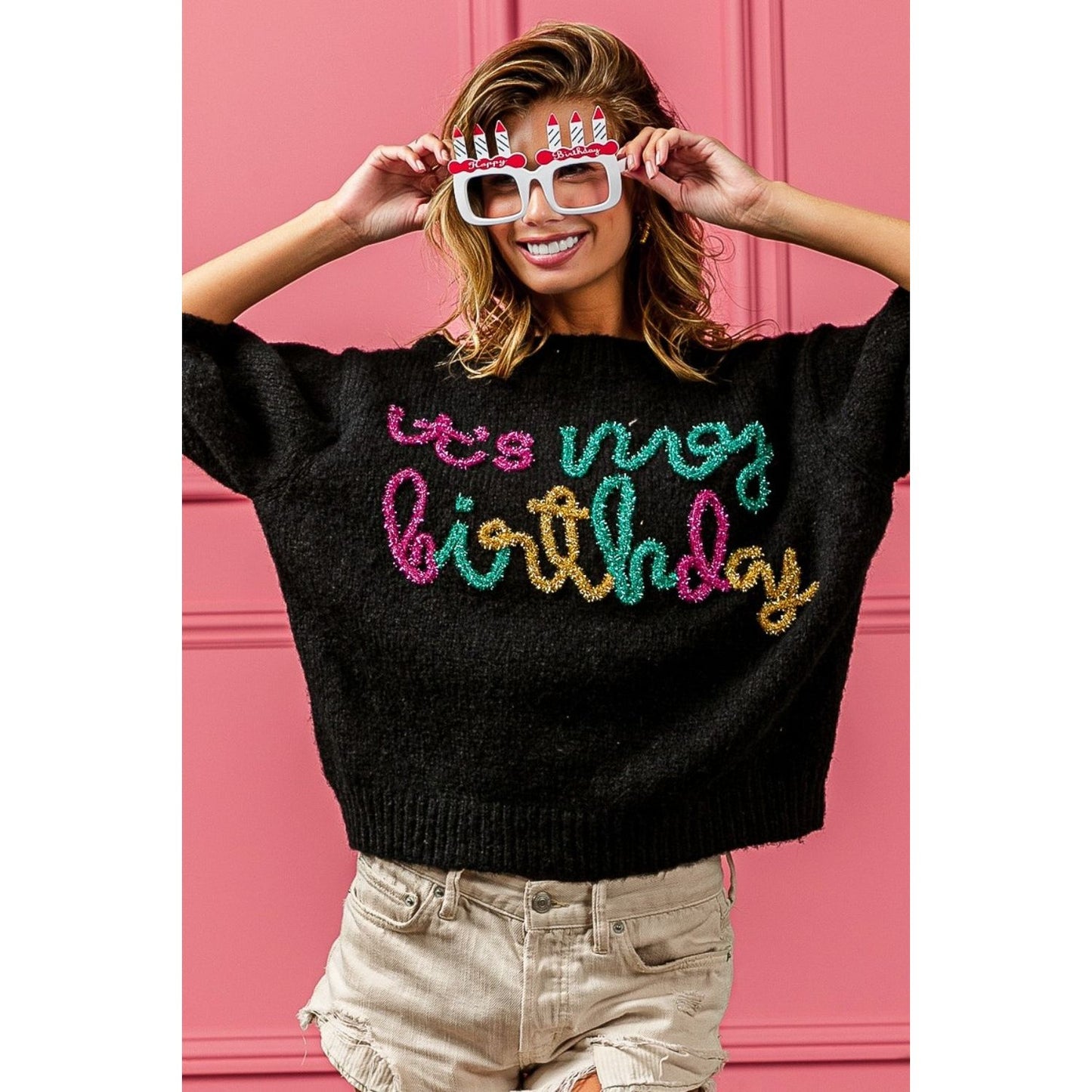 BiBi Metallic Letter Puff Sleeve Hairy Sweater