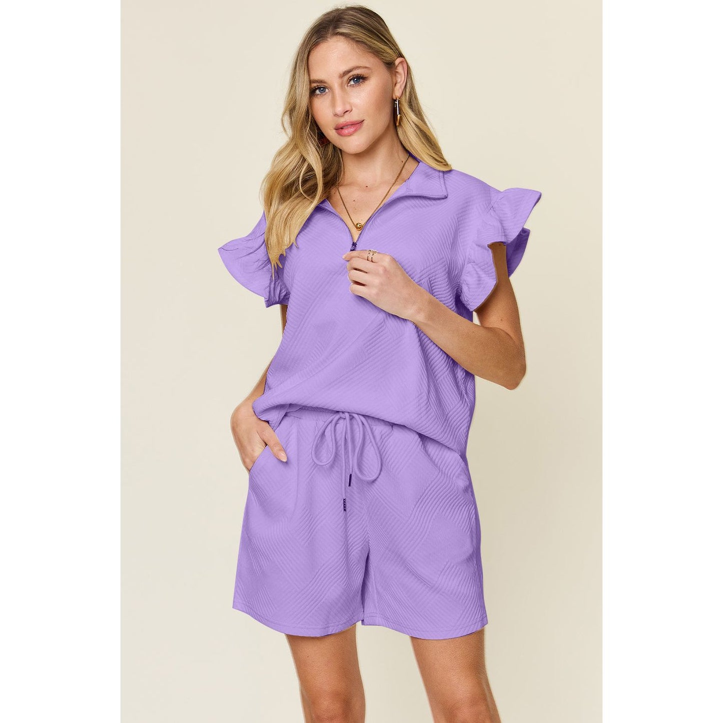 Double Take Full Size Texture Flounce Sleeve Top and Drawstring Shorts Set