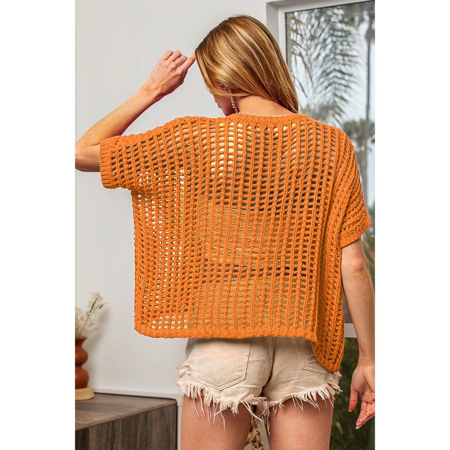 BiBi Hollowed Out Short Sleeve Knit Cover Up