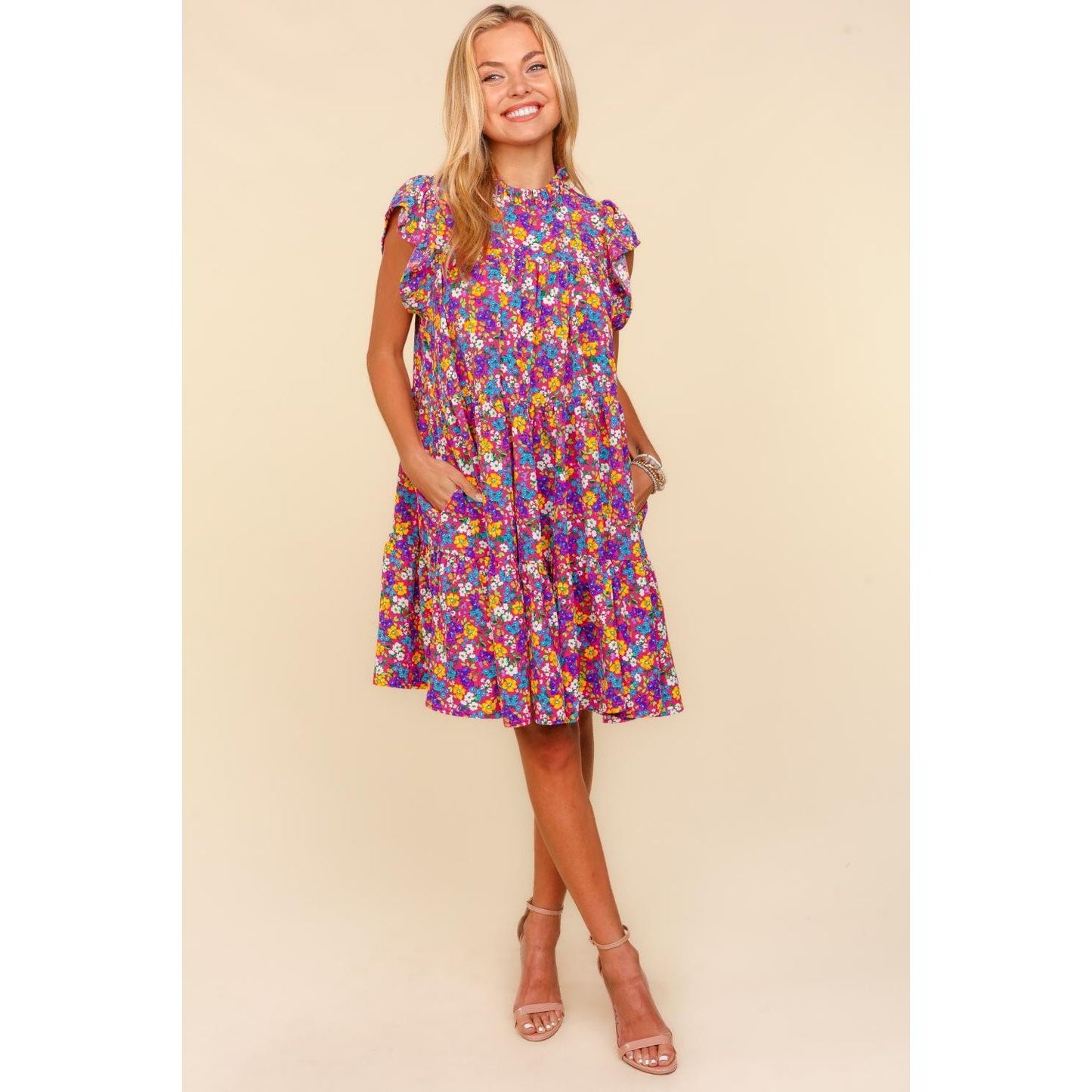 Haptics Frilled Mock Neck Ditsy Floral Dress