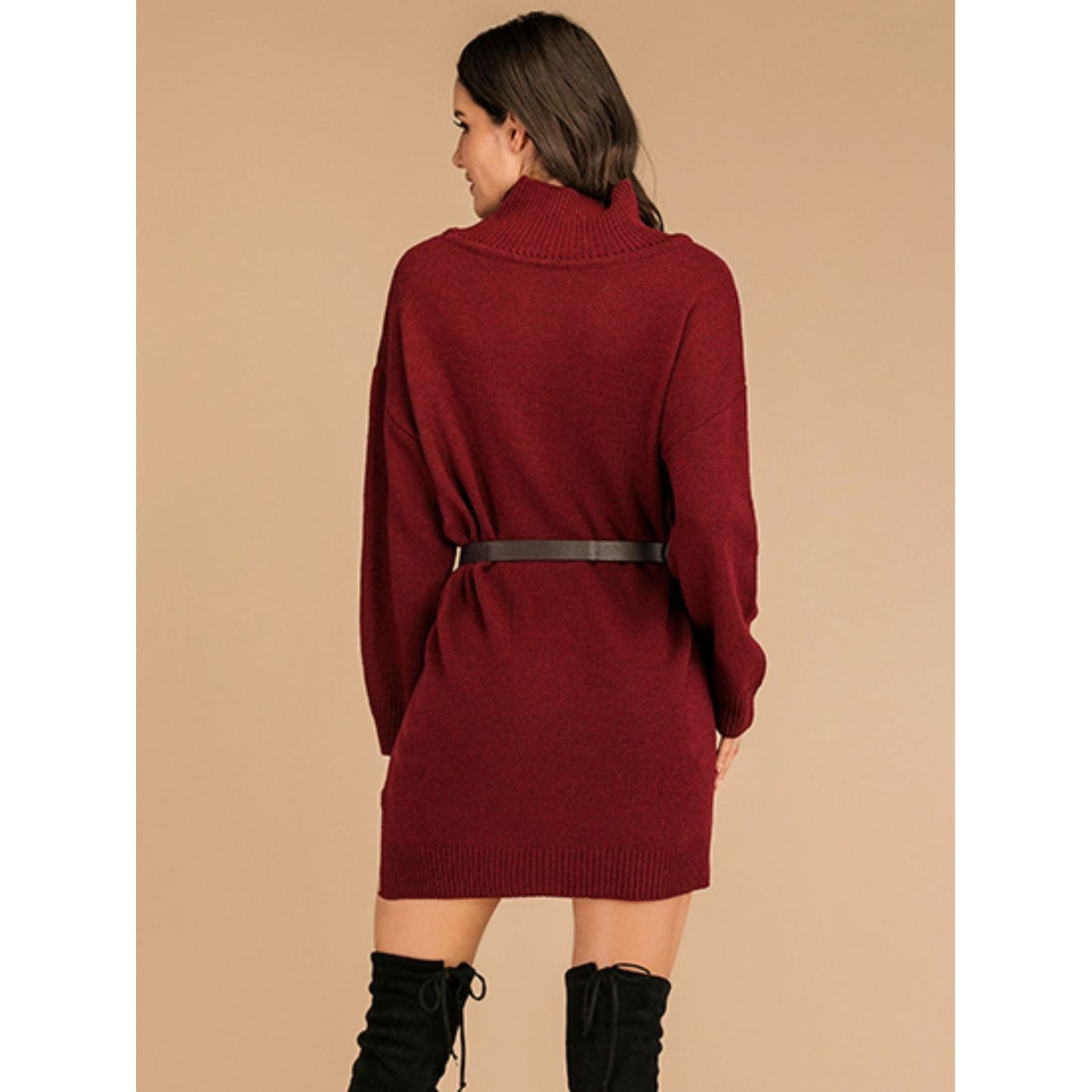 Perfee Slit Turtleneck Long Sleeve Mini Sweater Dress