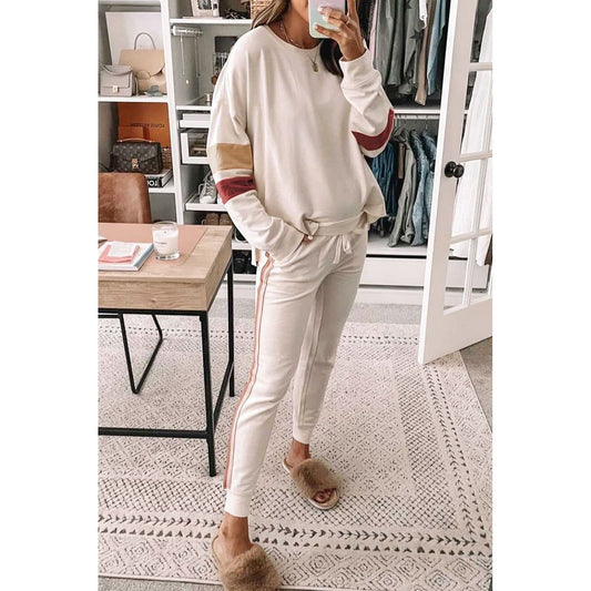 Striped Round Neck Sweatshirt and Drawstring Joggers Set