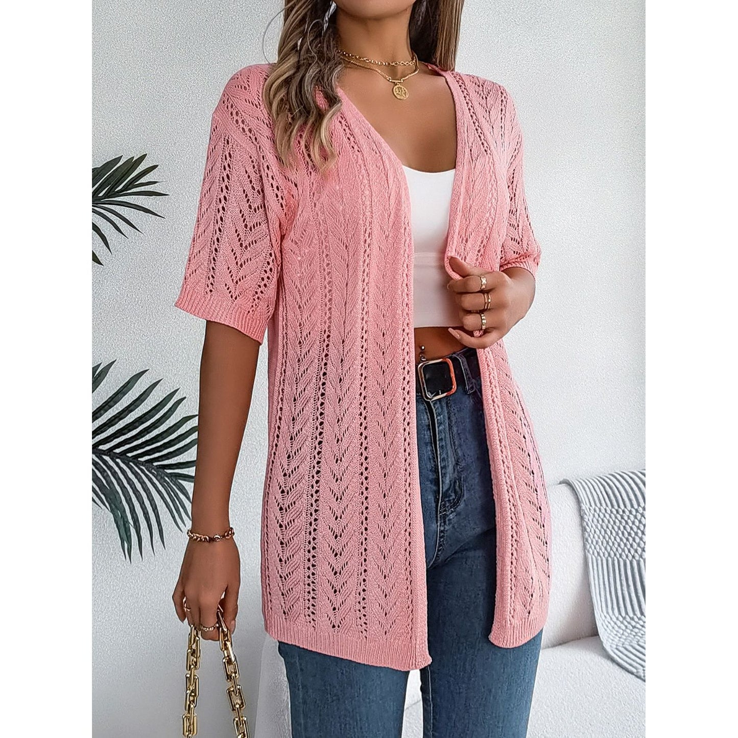 Openwork Open Front Half Sleeve Cardigan