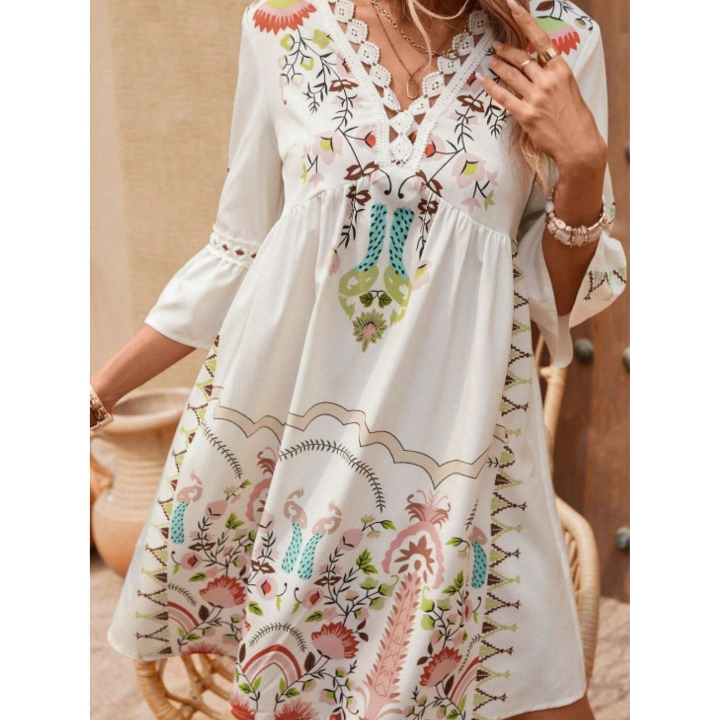 Lace Detail Printed Three-Quarter Sleeve Dress