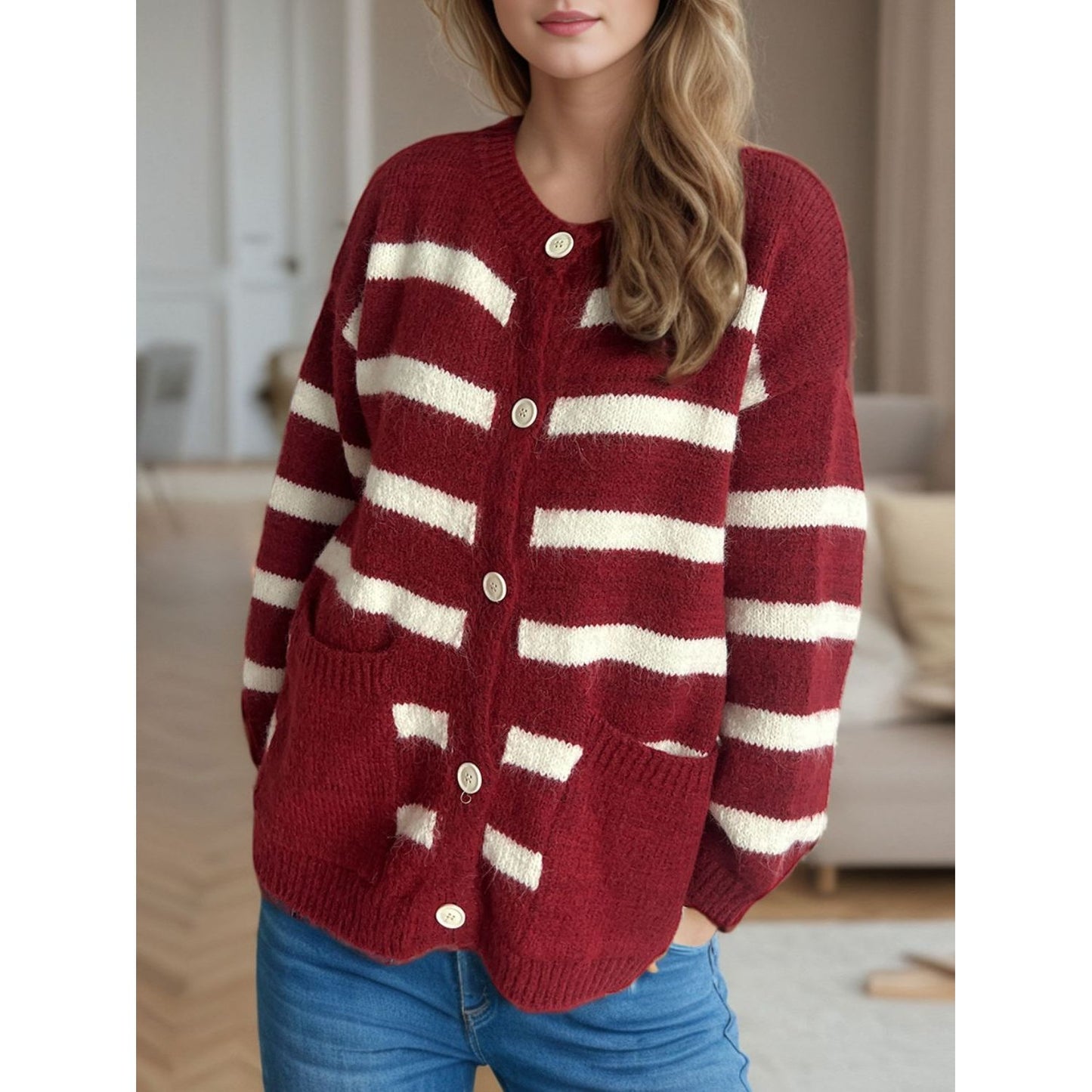 Striped Button Down Long Sleeve Cardigan