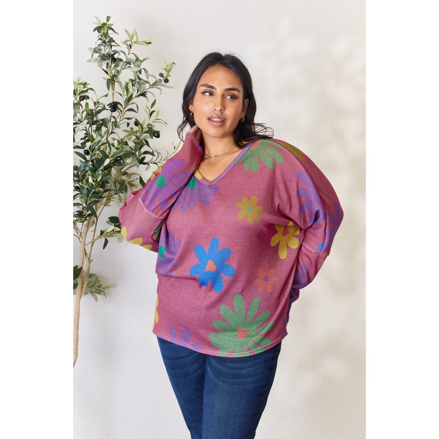 Hopely Full Size Floral V-Neck Long Sleeve Top