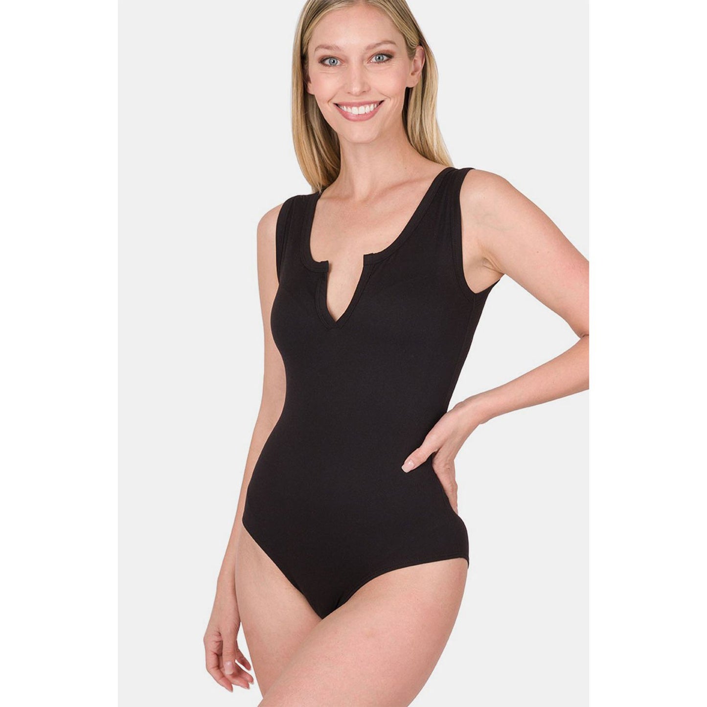 Zenana Microfiber Notched Sleeveless Bodysuit