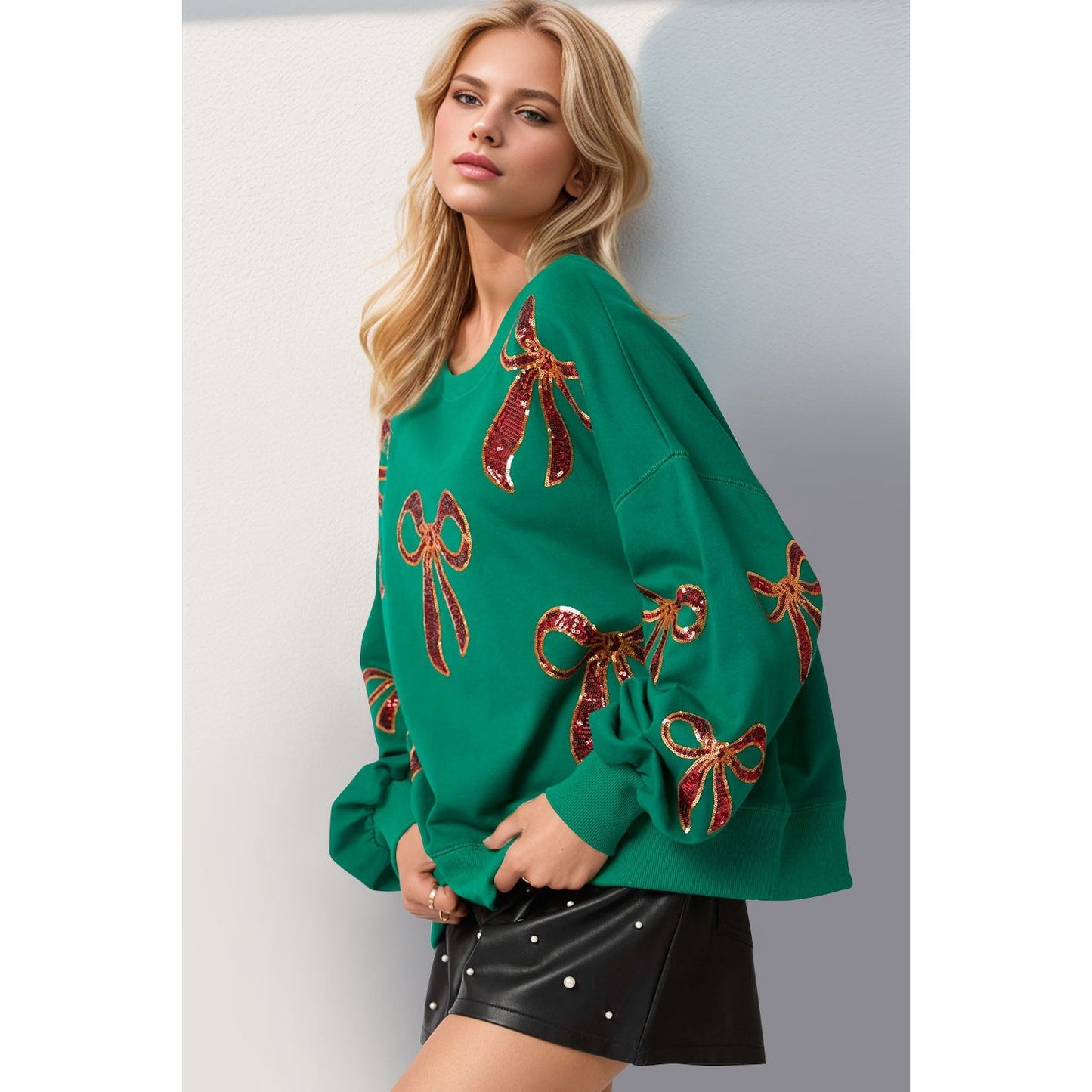 Double Take Christmas Bow Sequin Round Neck Dropped Shoulder Sweatshirt