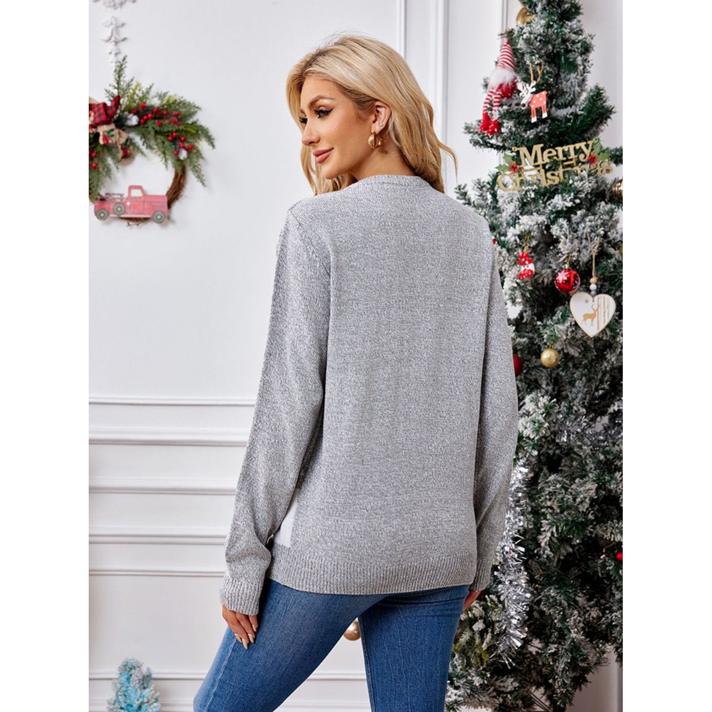 Reindeer Round Neck Long Sleeve Sweater