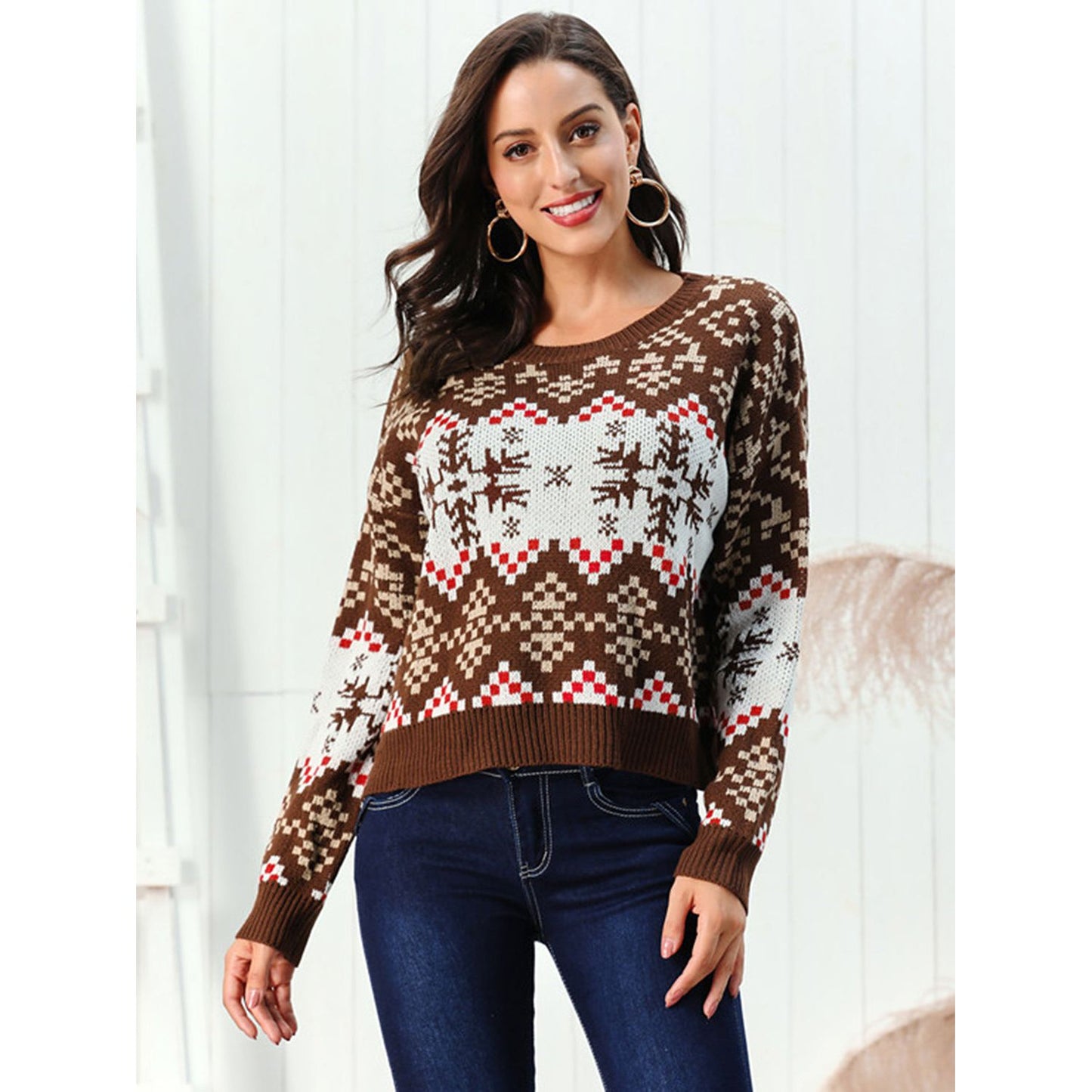 Snowflake Pattern Round Neck Sweater