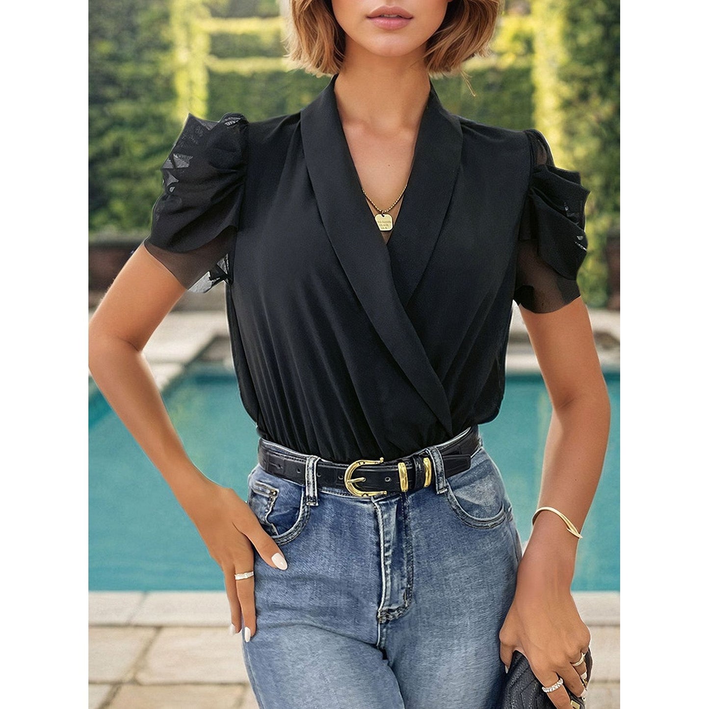 Perfee Surplice Puff Sleeve Bodysuit