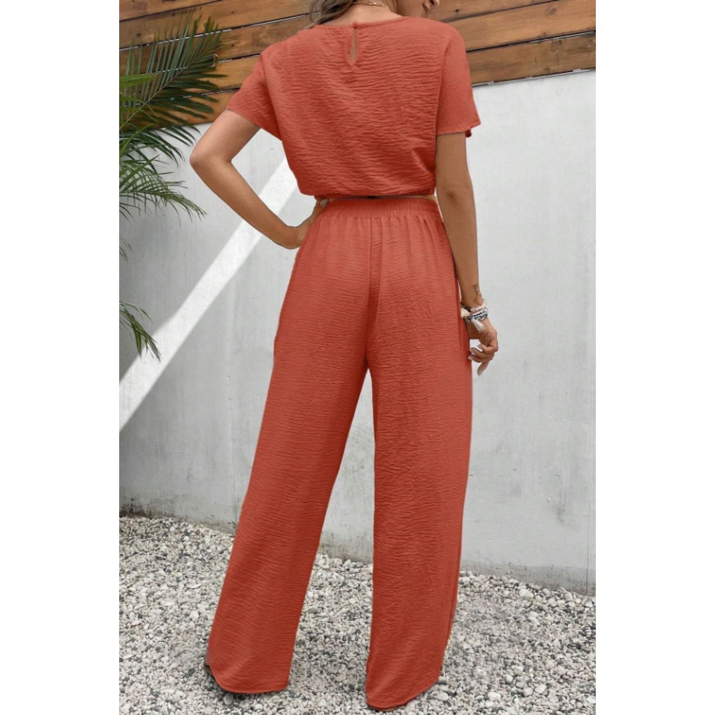 Round Neck Short Sleeve Top and Pants Set