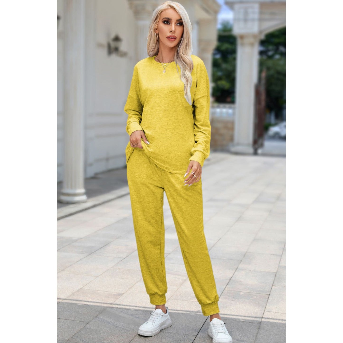 Round Neck Top and Drawstring Pants Lounge Set