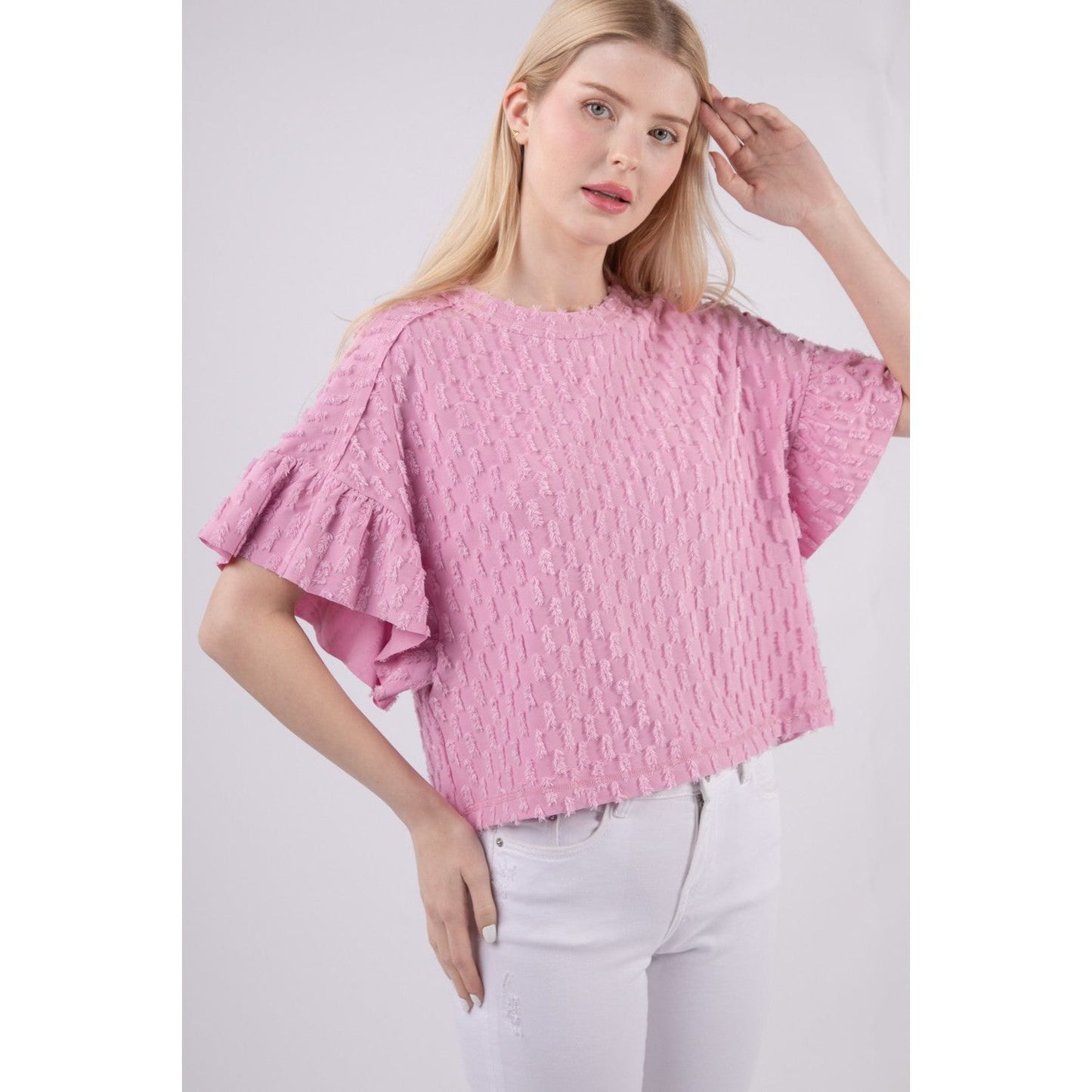 VERY J Full Size Texture Ruffle Short Sleeve Top