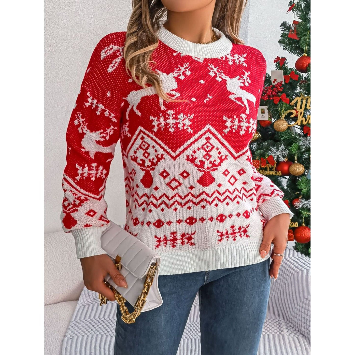 Christmas Element Round Neck Long Sleeve Sweater