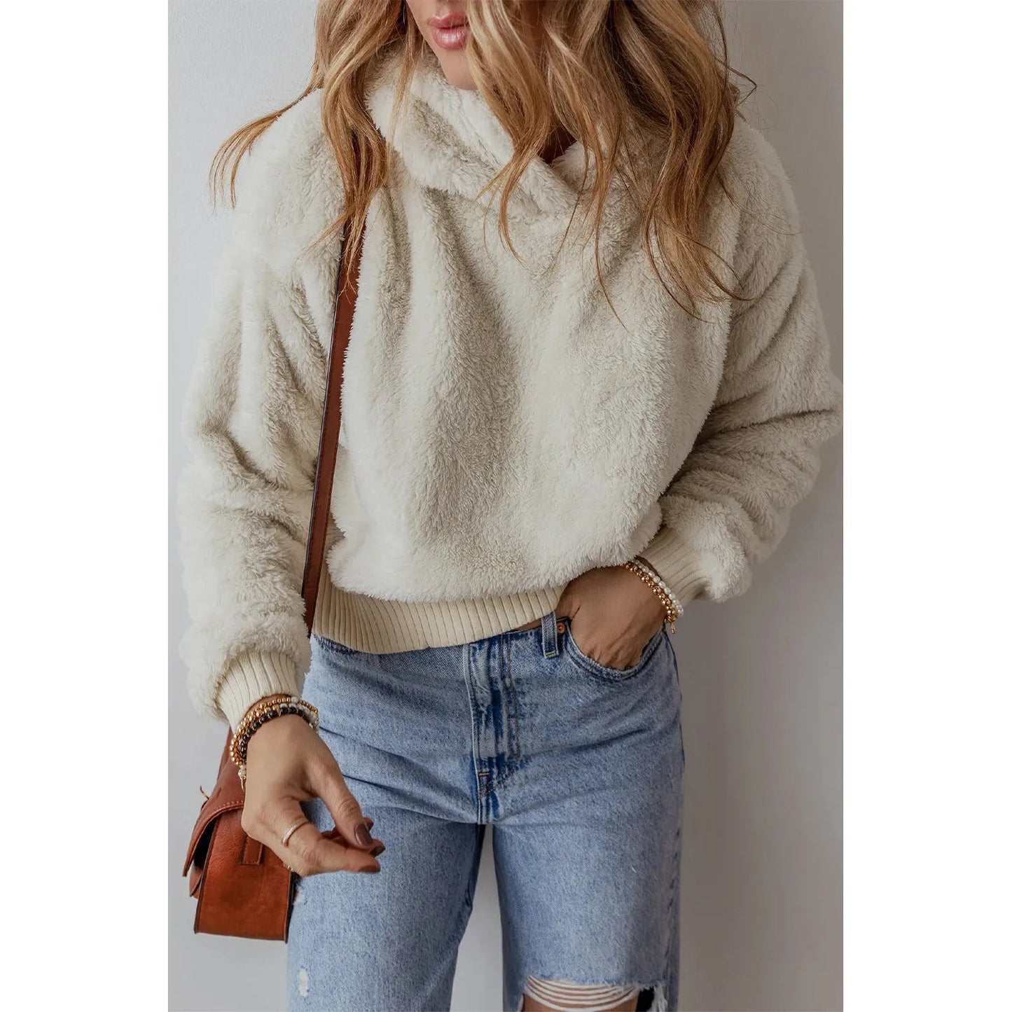 Fuzzy Dropped Shoulder Long Sleeve Hoodie