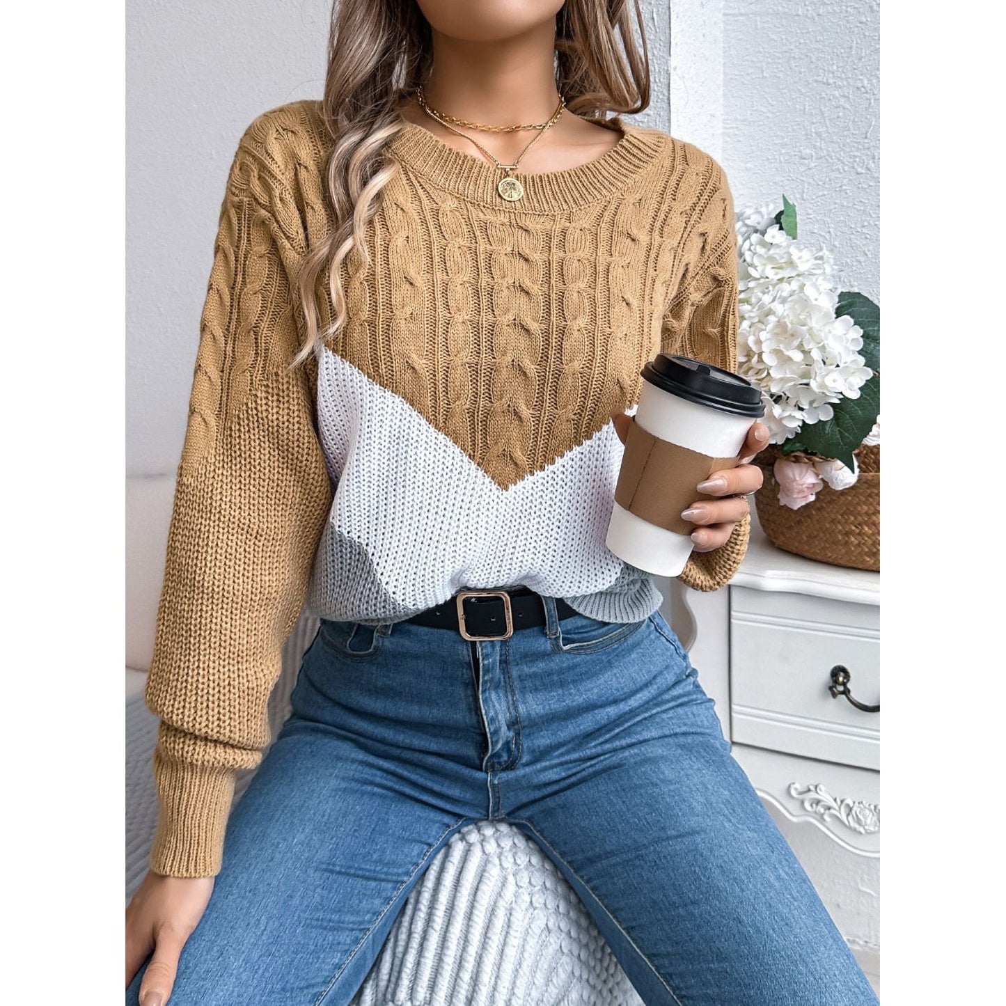 Cable-Knit Color Block Round Neck Sweater