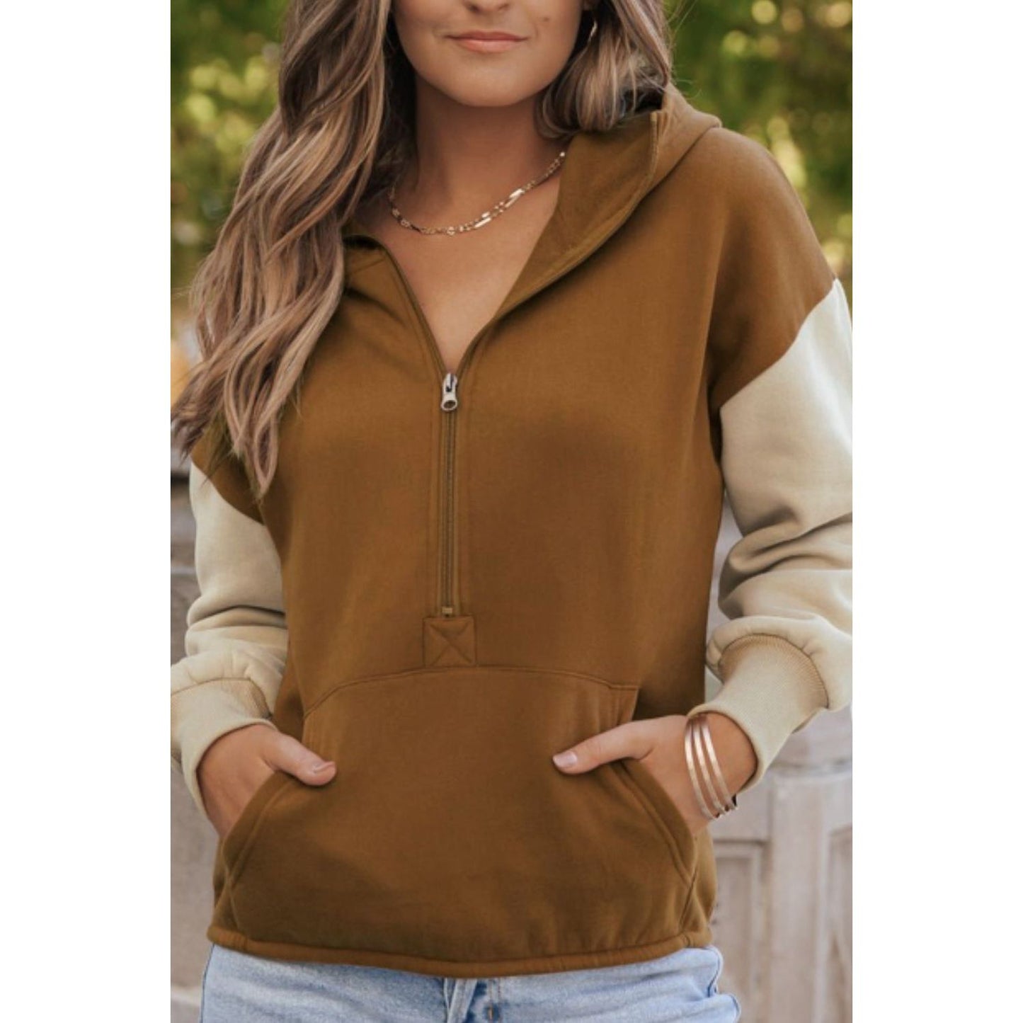 Contrast Half Zip Long Sleeve Hoodie