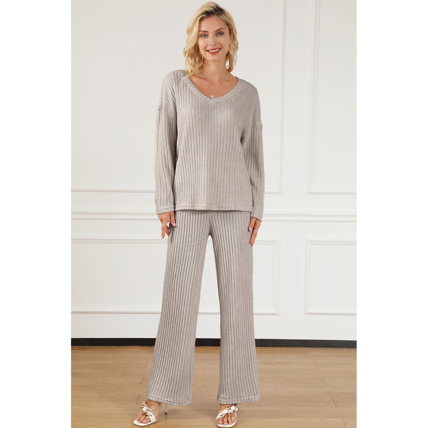 Ribbed V-Neck Top and Pants Lounge Set