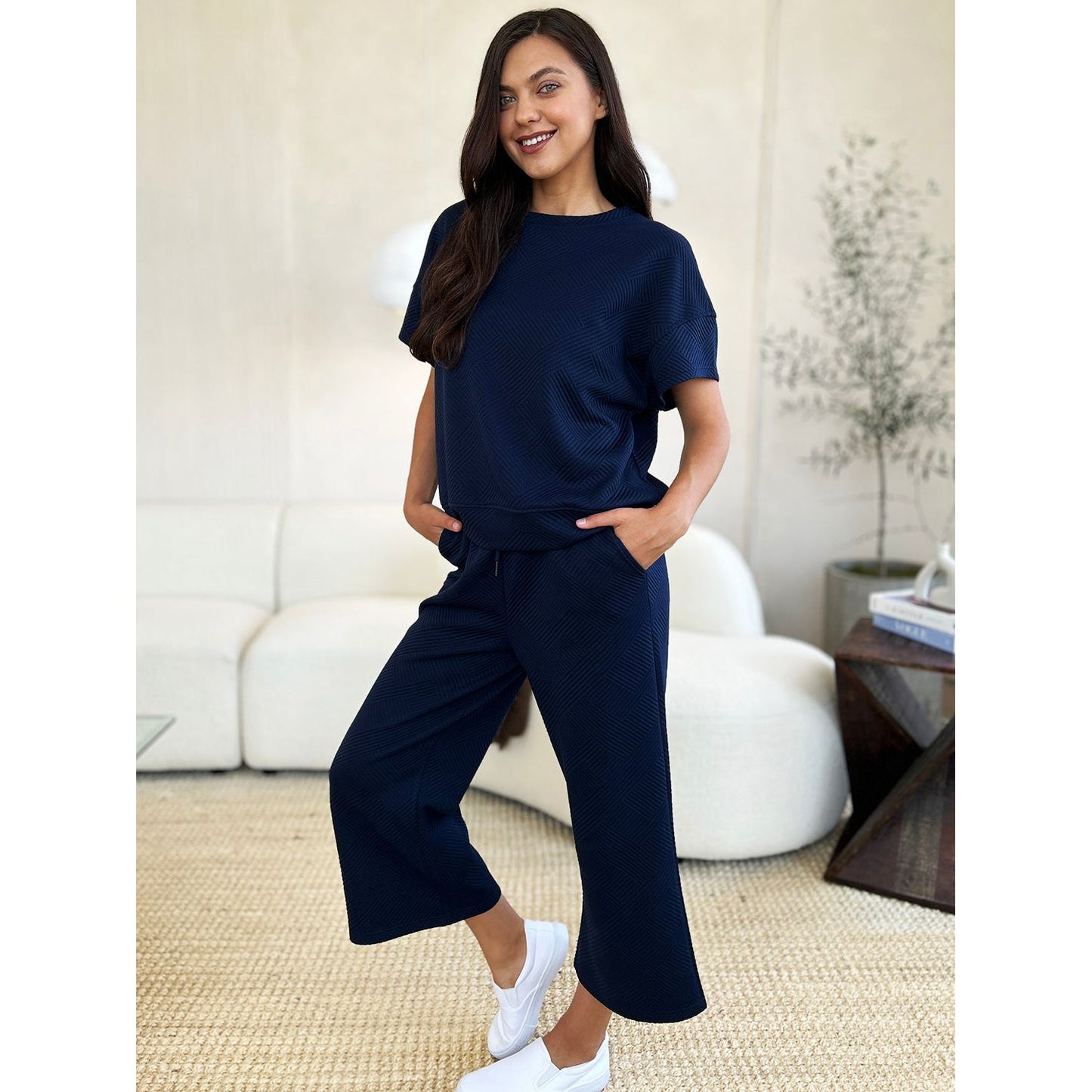 Double Take Full Size Texture Short Sleeve Top and Pants Set