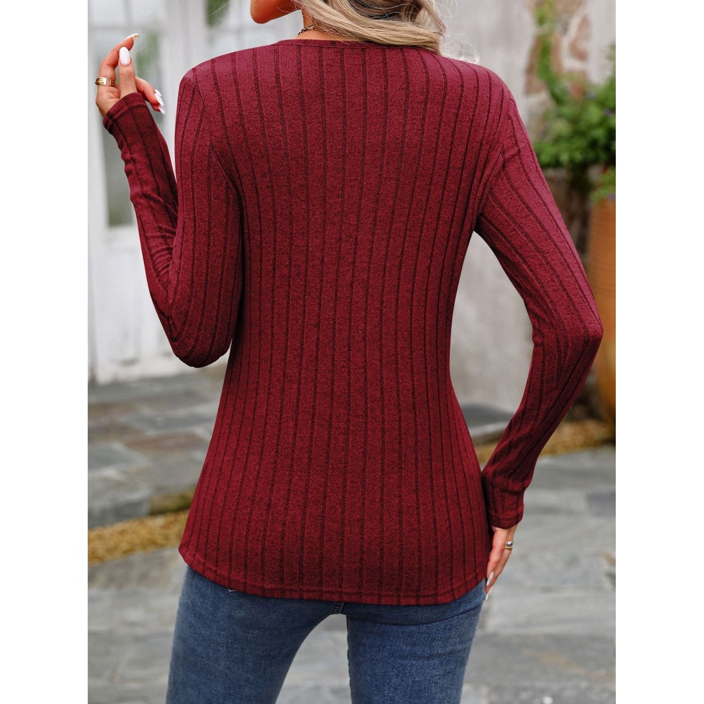 Decorative Button Round Neck Long Sleeve T-Shirt