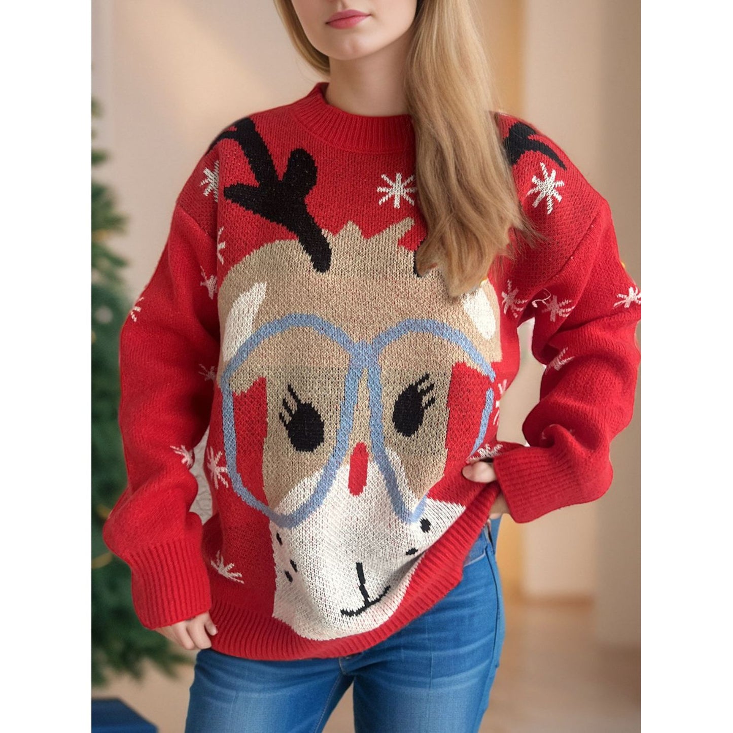 Reindeer Round Neck Dropped Shoulder Sweater