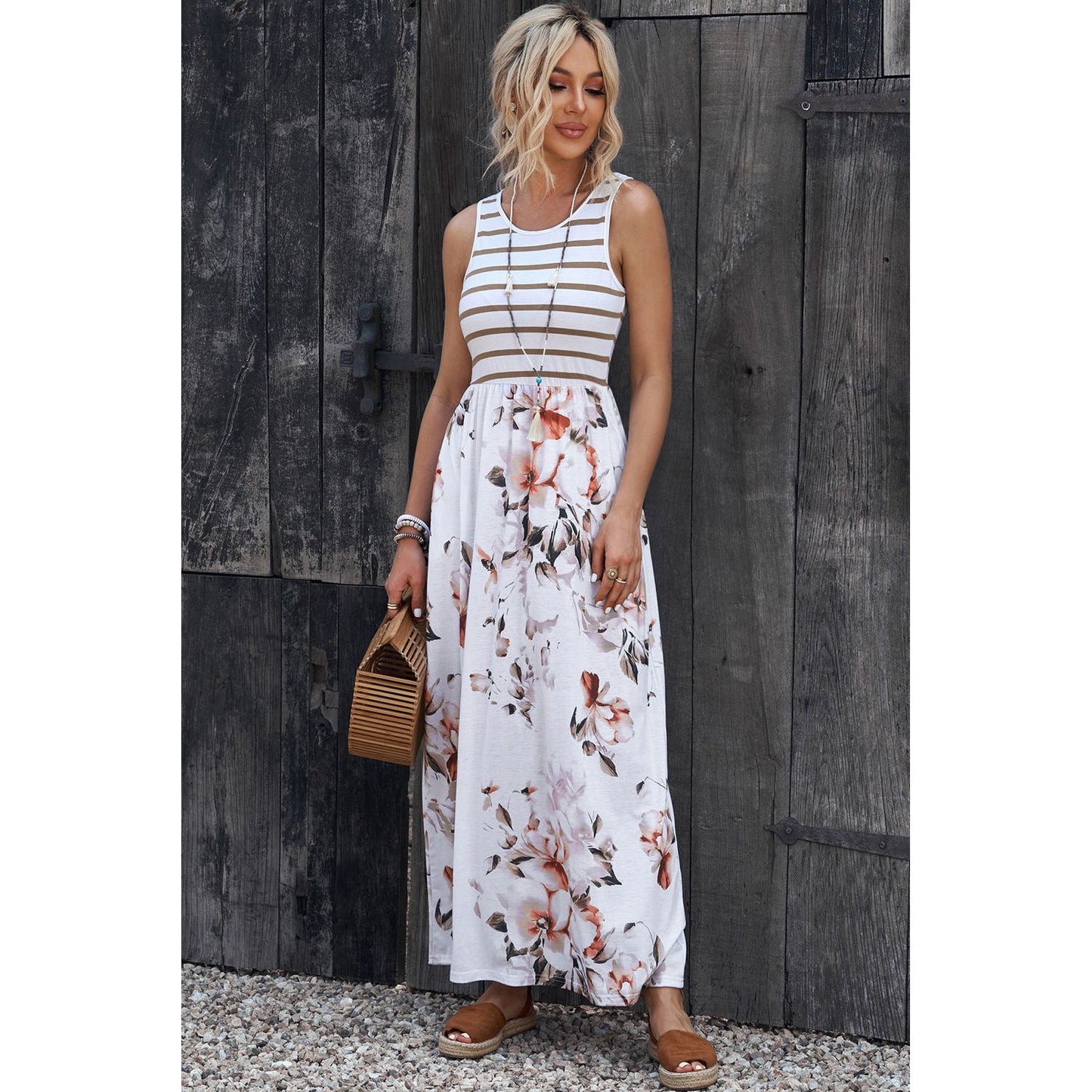 Striped Floral Round Neck Sleeveless Maxi Dress