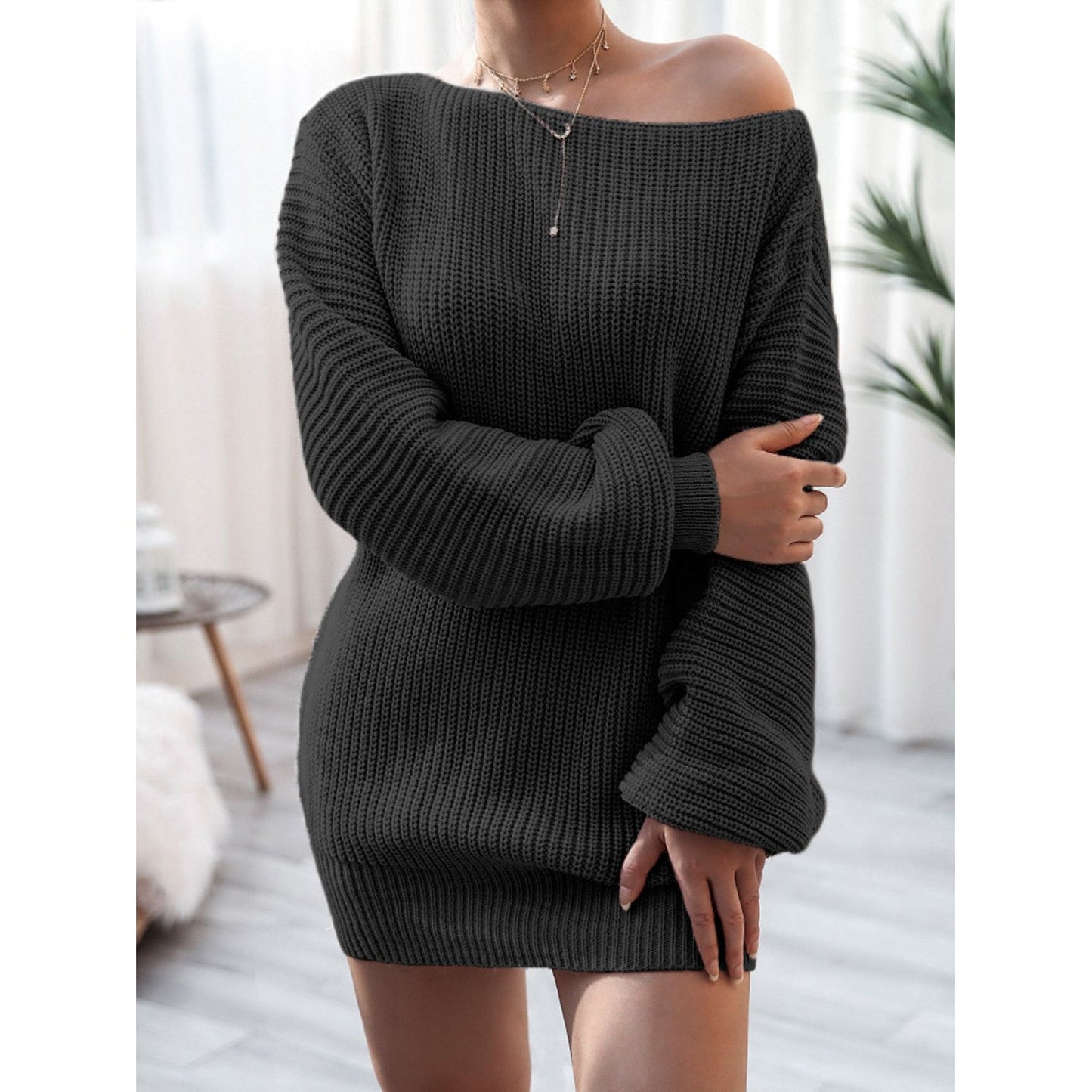 Rib-Knit Mini Sweater Dress