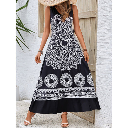 Honey Printed Round Neck Sleeveless Dress