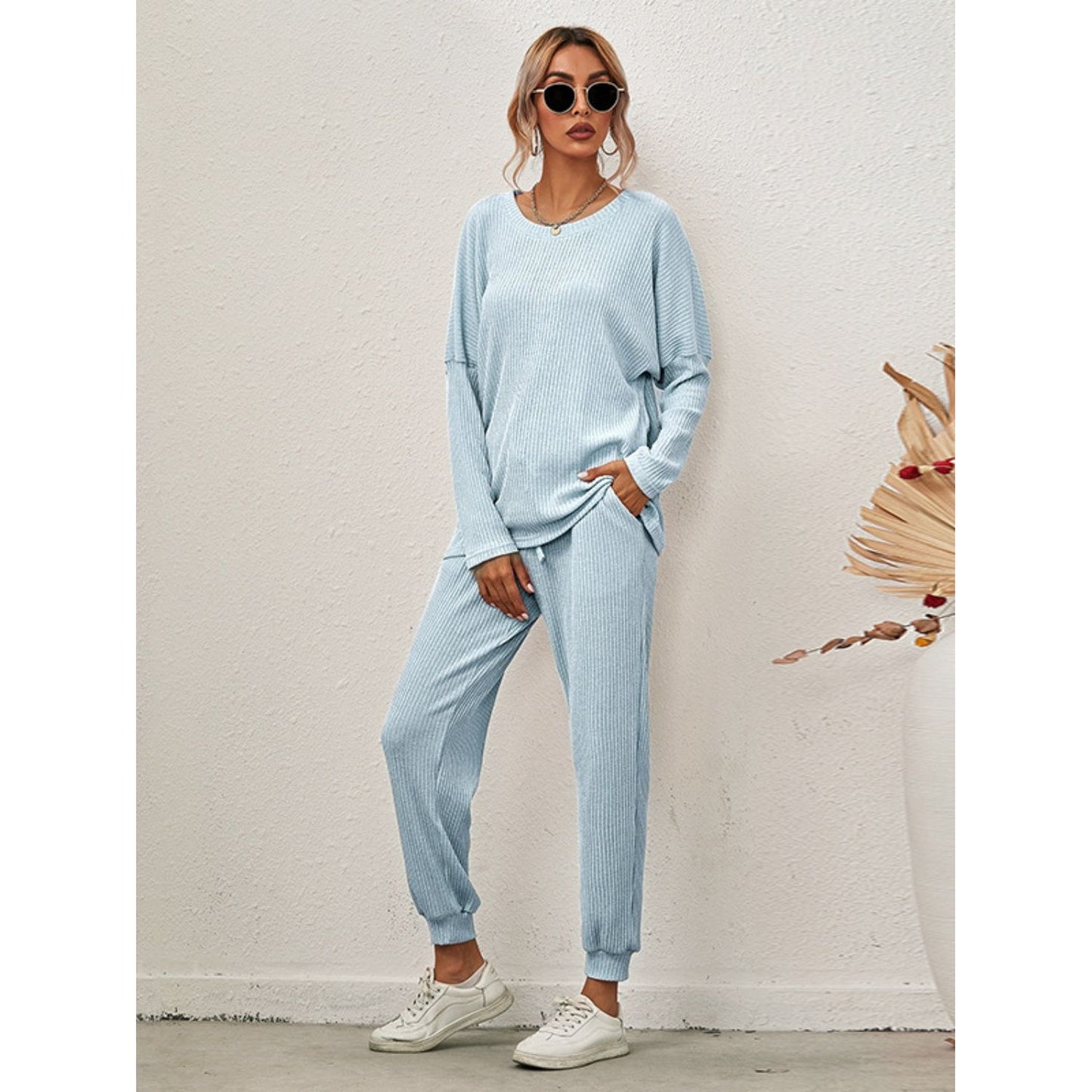 Round Neck Dropped Shoulder Top and Joggers Lounge Set