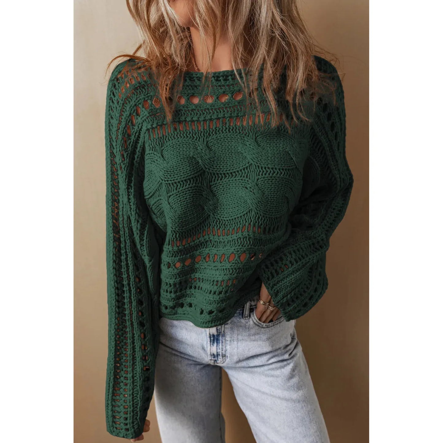 Cable-Knit Openwork Long Sleeve Sweater