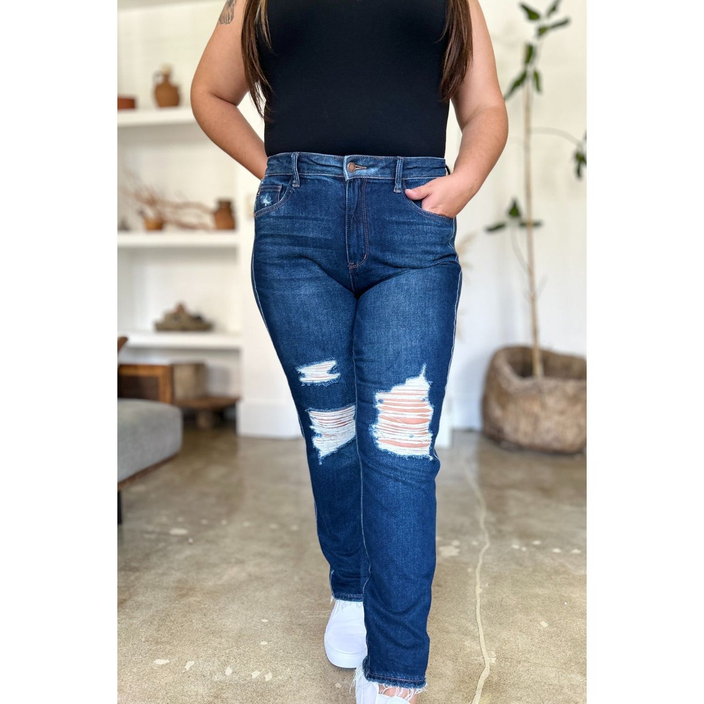 Judy Blue Full Size High Waist Rigid Magic Heavy Destroy Straight Jeans