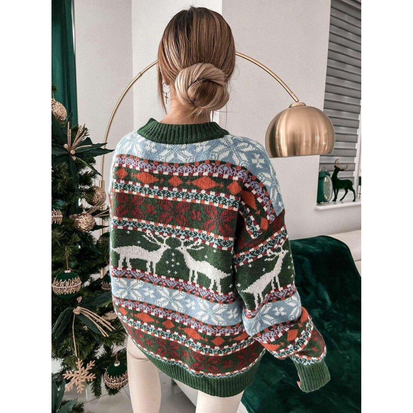 Geometric Round Neck Dropped Shoulder Sweater