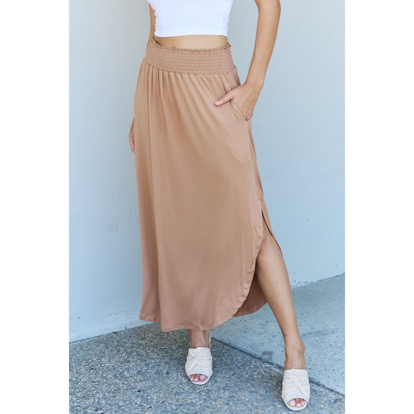 Doublju Comfort Princess Full Size High Waist Scoop Hem Maxi Skirt in Tan