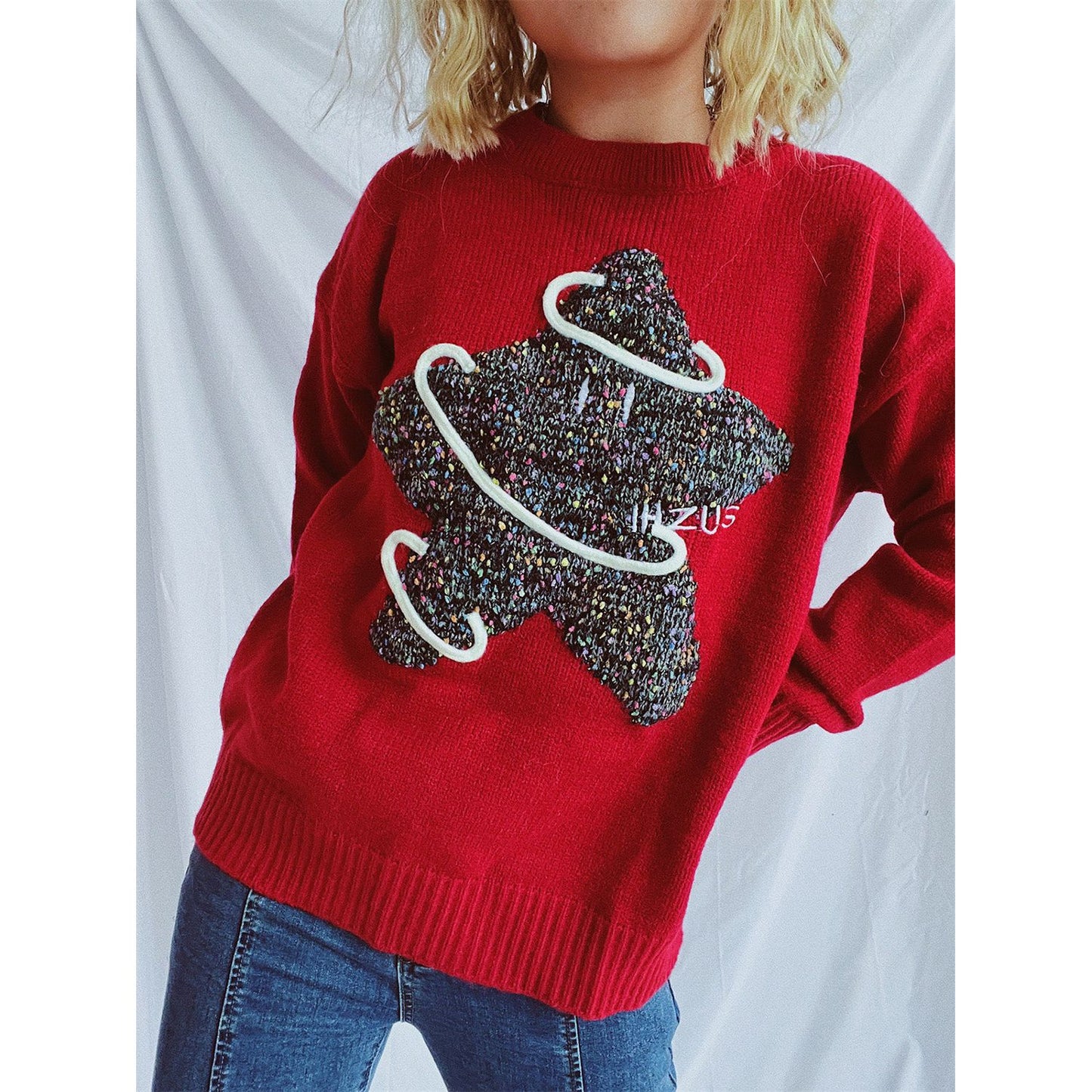 Contrast Star Round Neck Long Sleeve Sweater