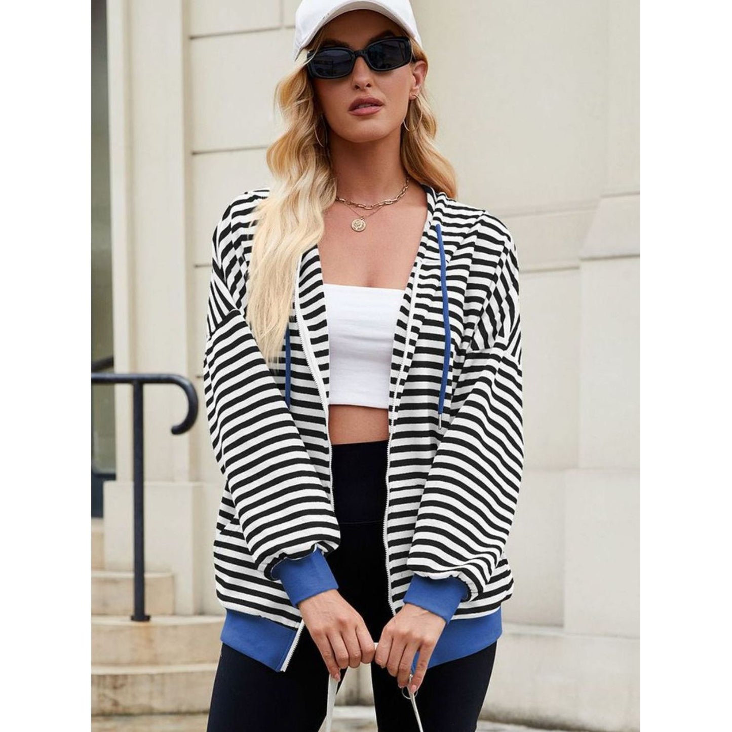 Drawstring Striped Zip Up Long Sleeve Hoodie