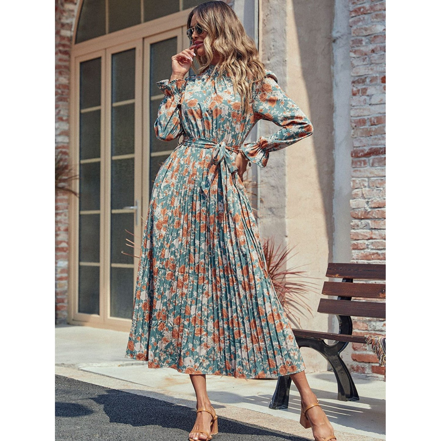 Perfee Tied Pleated Printed Mock Neck Long Sleeve Dress