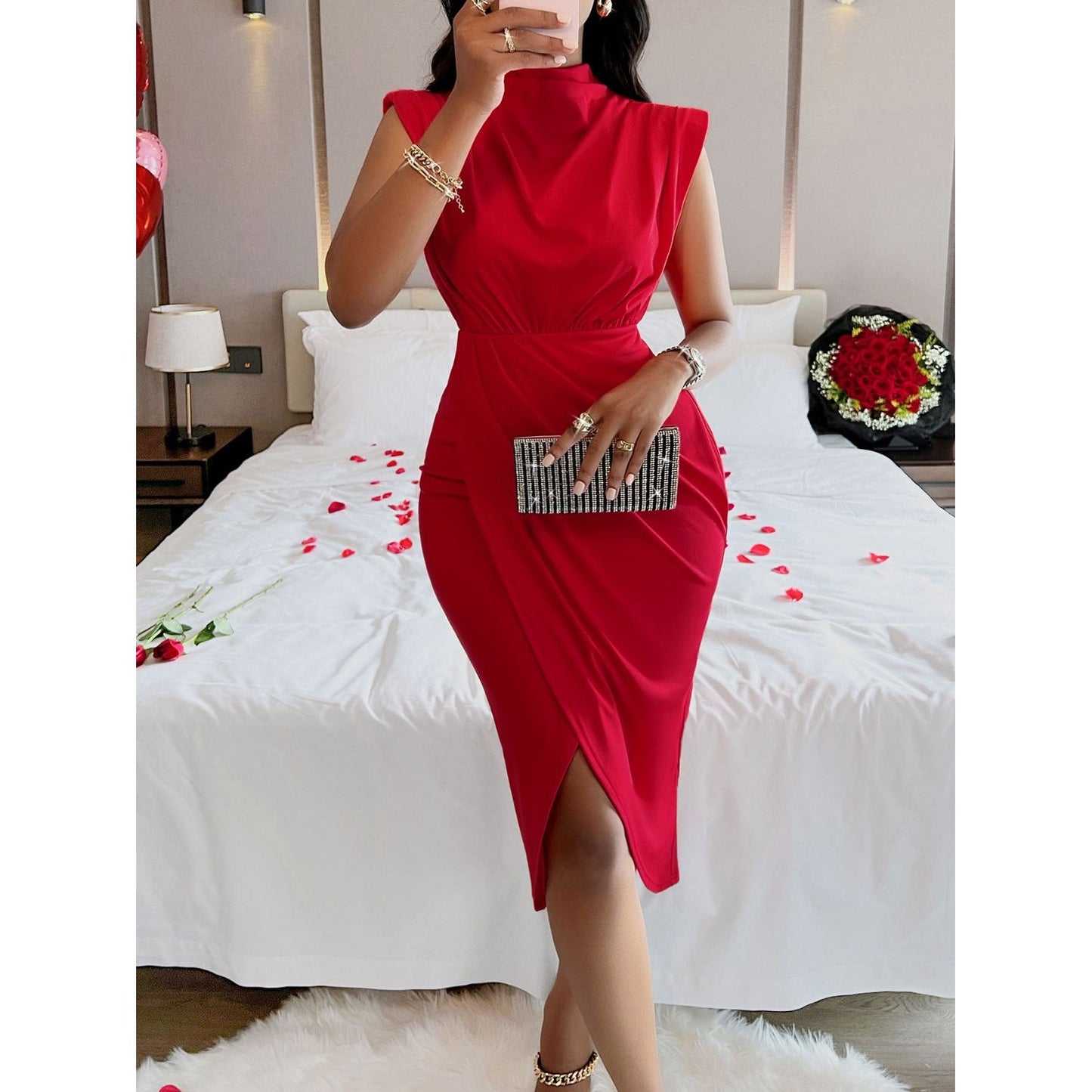 Cutout Slit Mock Neck Sleeveless Dress