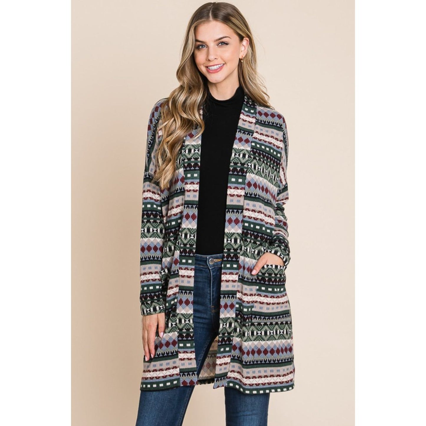 BOMBOM Geometric Open Front Long Sleeve Cardigan with Pockets