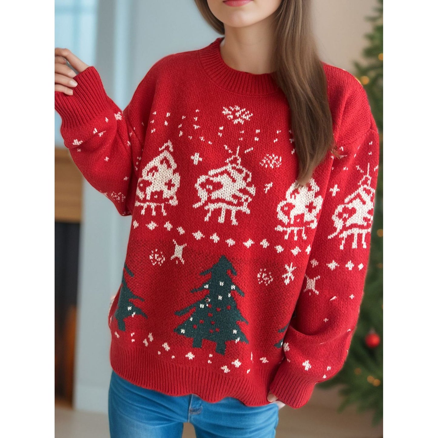 Christmas Element Round Neck Long Sleeve Sweater