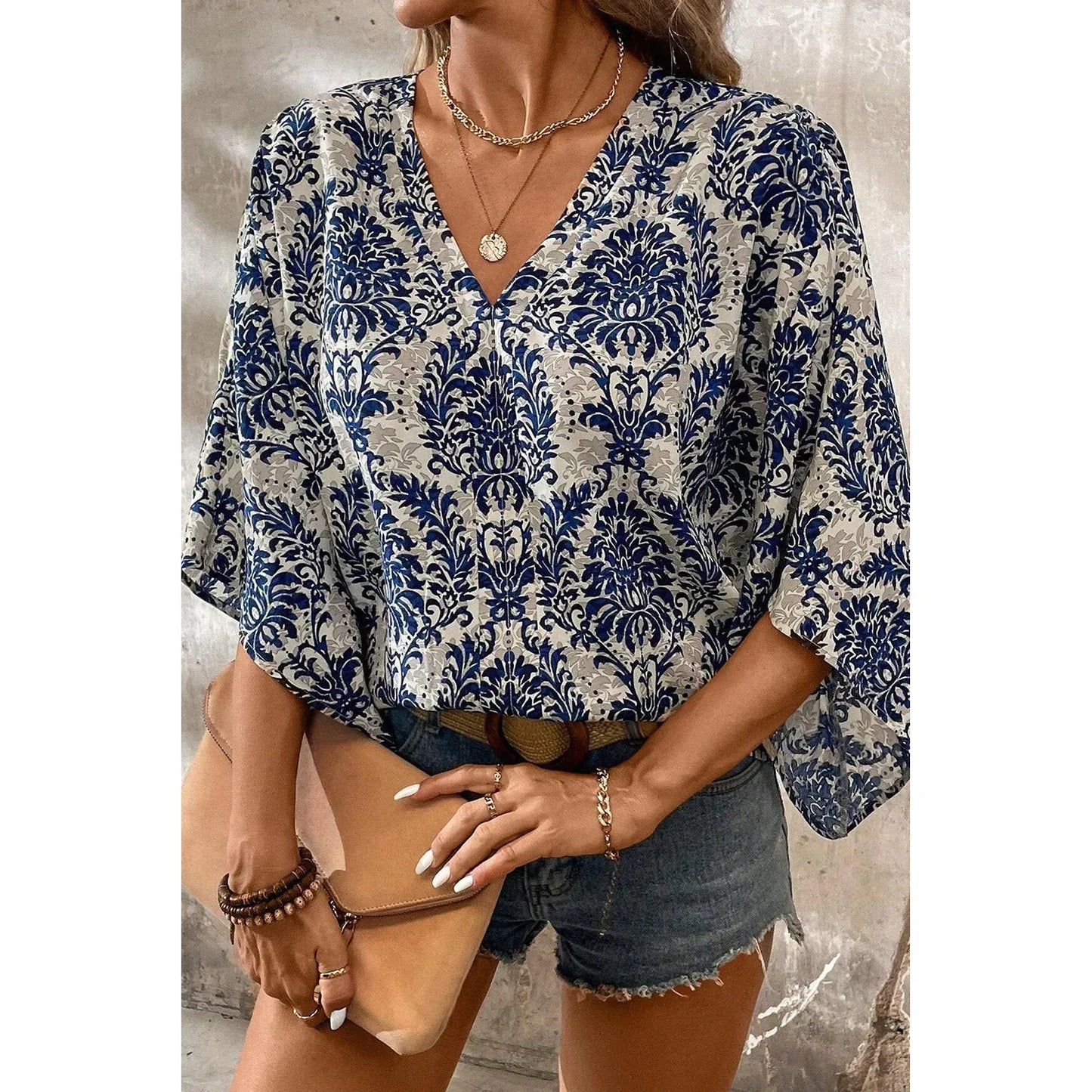 Printed V-Neck Three-Quarter Sleeve Blouse