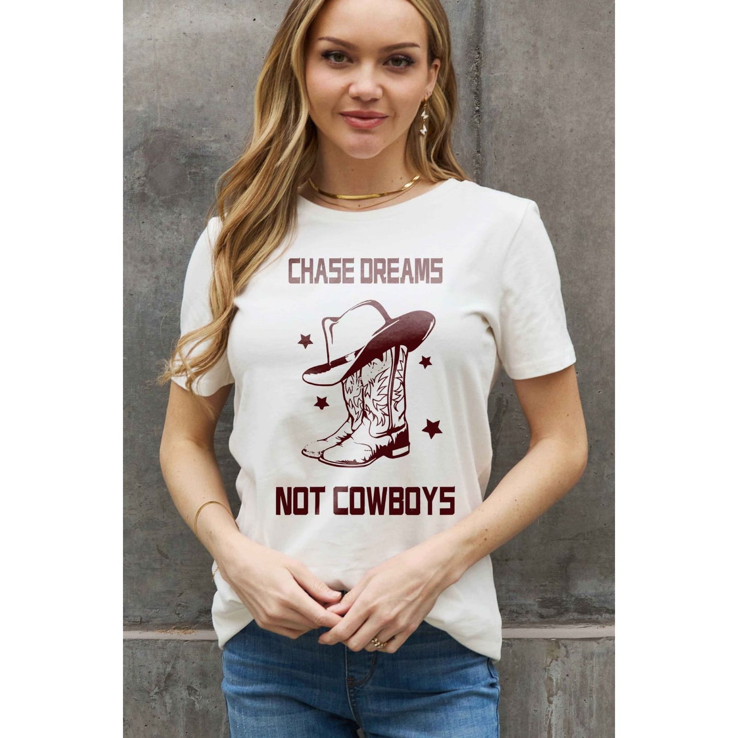 Simply Love Simply Love Full Size CHASE DREAMS NOT COWBOYS Graphic Cotton Tee