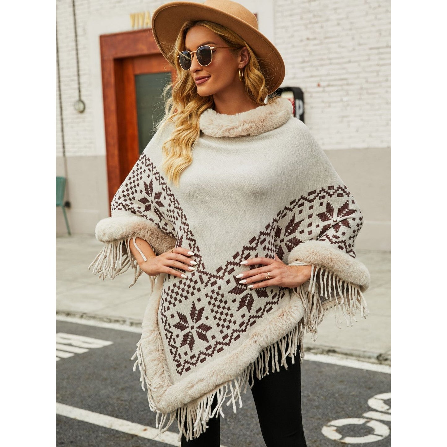 Fringe Geometric Cape Sleeve Poncho