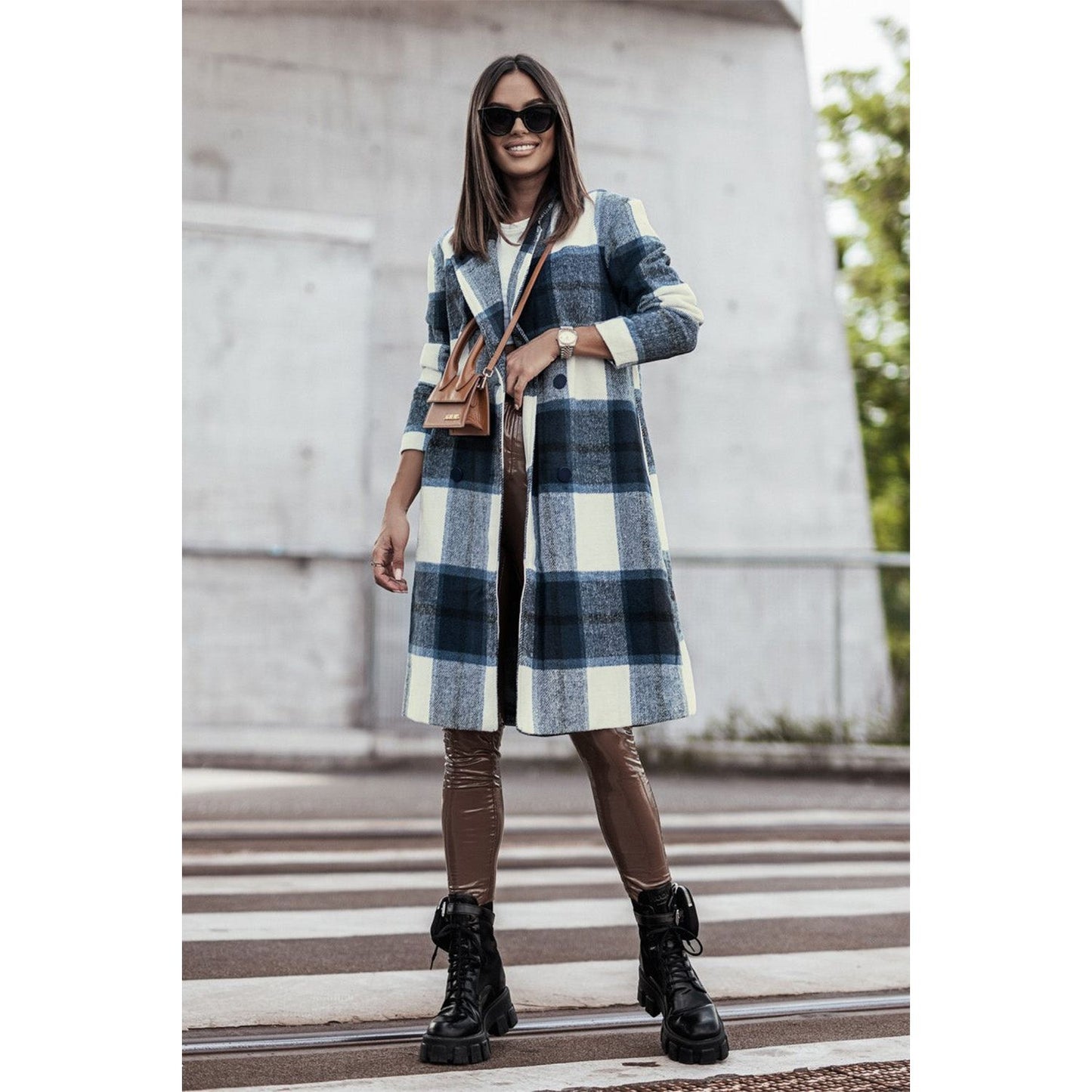 Double Take Full Size Plaid Button Up Lapel Collar Coat