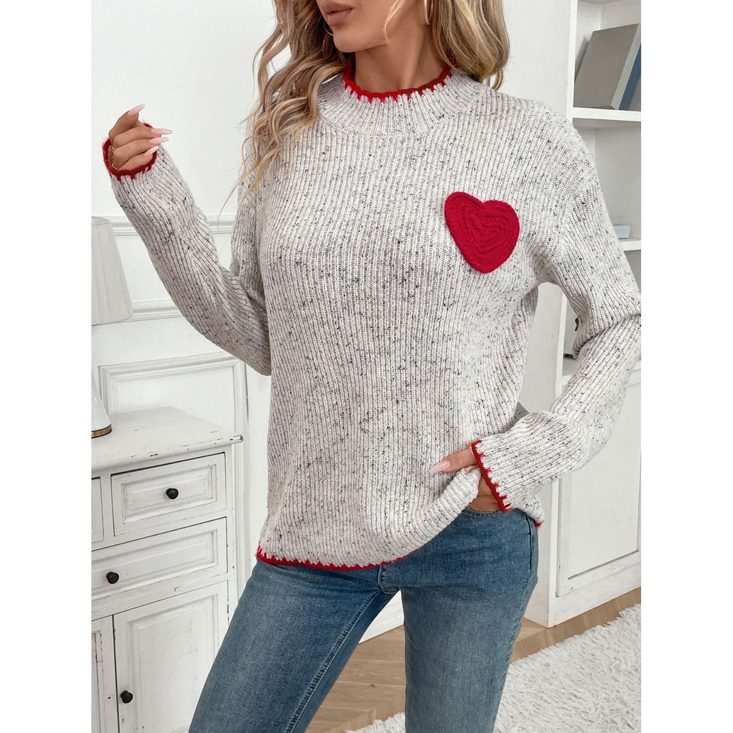 Perfee Contrast Heart Round Neck Long Sleeve Sweater